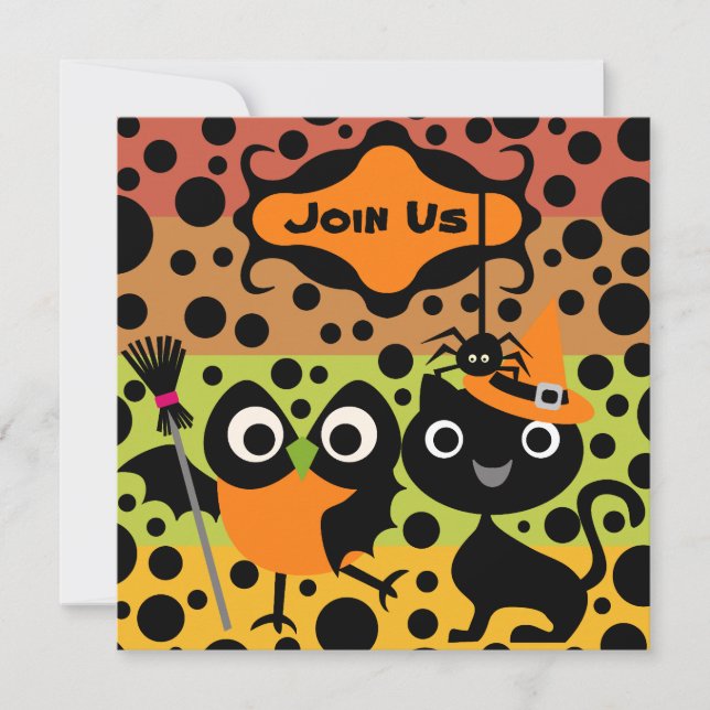 Owls, Cats, and Spiders Halloween Party Invite (Front)