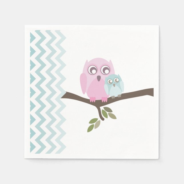Owls + Chevron Boy Baby Shower Napkins (Front)