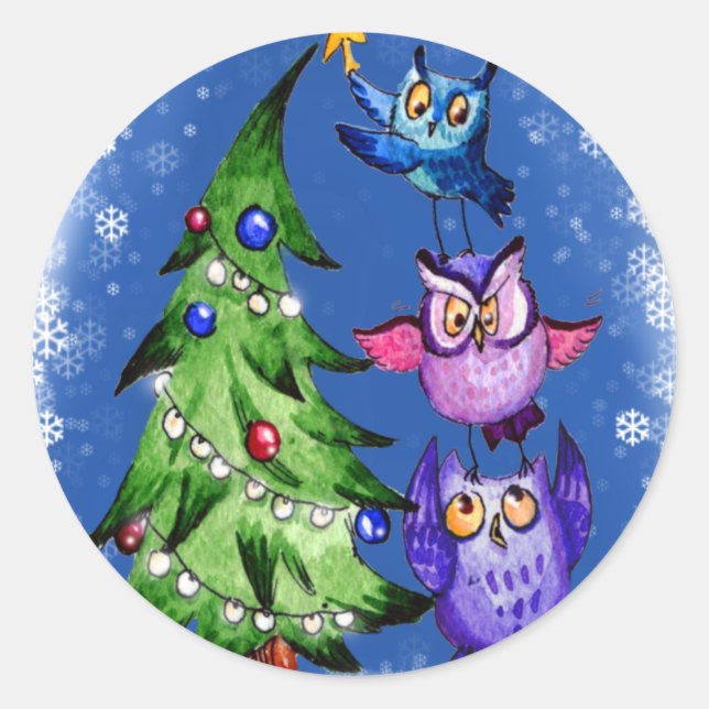 Owls Christmas blue Classic Round Sticker (Front)