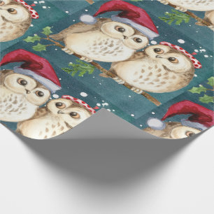 Owls Christmas Eve Cuddling Couple Santa Hat Wrapping Paper