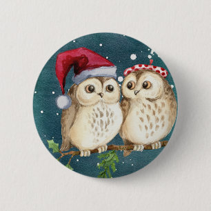 Owls Christmas Eve Night Santa Red Hat 6 Cm Round Badge