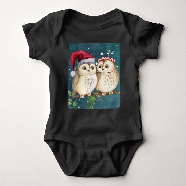Owls Christmas Eve  Night Santa Red Hat  Baby Bodysuit (Front)