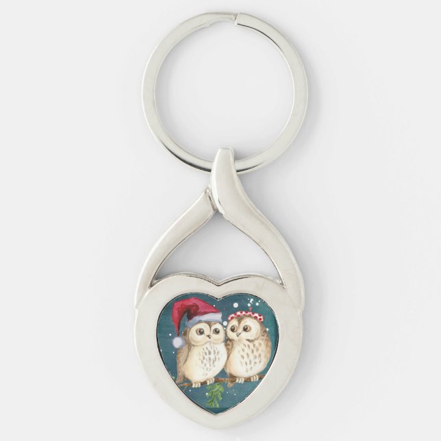 Owls Christmas Eve  Night Santa Red Hat  Key Ring (Front)