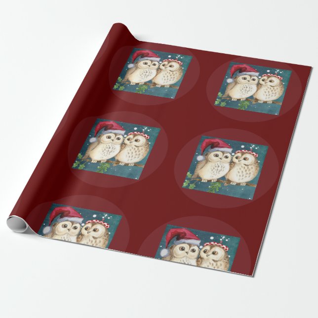 Owls Christmas Eve  Night Santa Red Hat  Wrapping Paper (Unrolled)