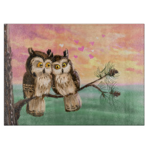 Owls couple love cute sunset cutting board