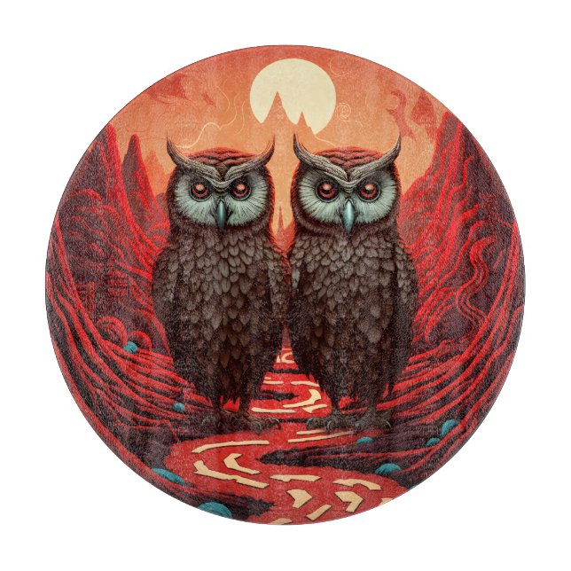 Owls couple on the mountains cutting board (Front)