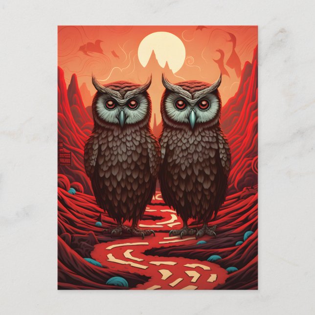 Owls couple on the mountains postcard (Front)