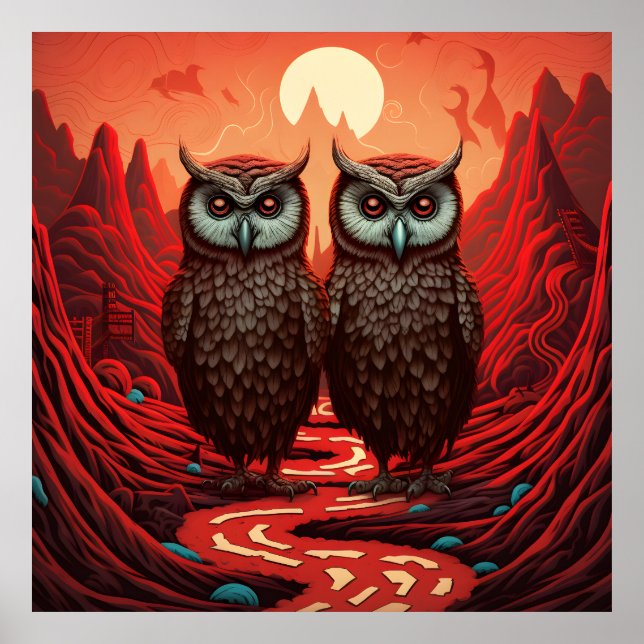 Owls couple on the mountains poster (Front)