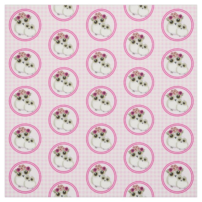 Owls Cute Pink White Gingham Plaid Fabric (Swatch)