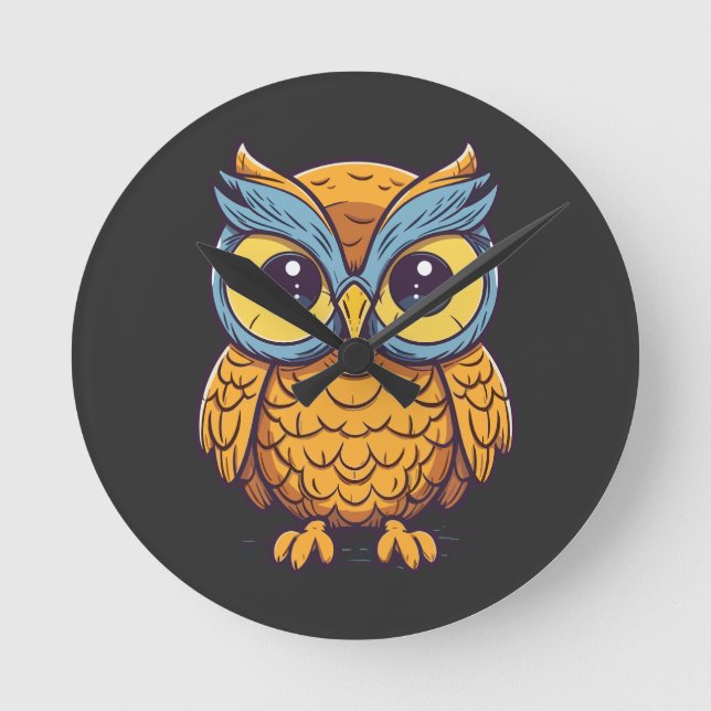 Owl's Delight: Kawaii-Style Graphic Design Round Clock (Front)
