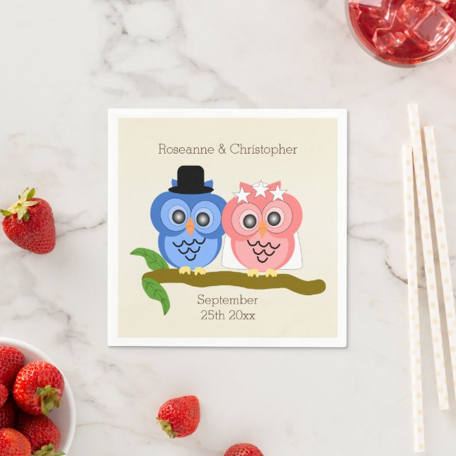 Owls Design Champagne Coloured Wedding Napkin (Insitu)