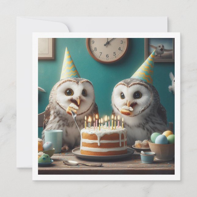 Owls eating cake, funny owl birthday invite (Front)