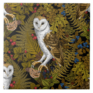 Owls, ferns, oak and berries 2 ceramic tile