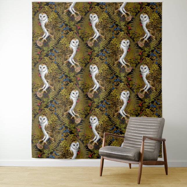 Owls, ferns, oak and berries 2 tapestry (In Situ)