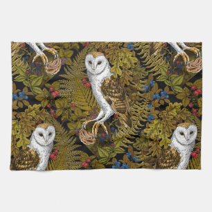 Owls, ferns, oak and berries 2 tea towel