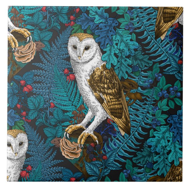 Owls, ferns, oak and berries 3 ceramic tile (Front)