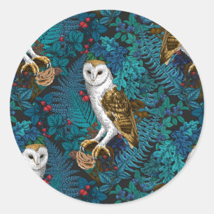 Owls, ferns, oak and berries 3 classic round sticker