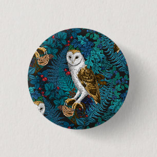 Owls, ferns, oak and berries 3 cm round badge