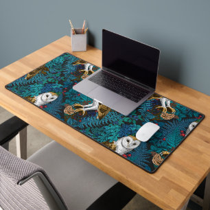Owls, ferns, oak and berries 3 desk mat