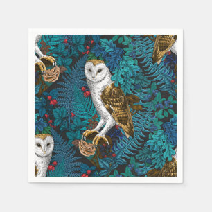 Owls, ferns, oak and berries 3 napkin
