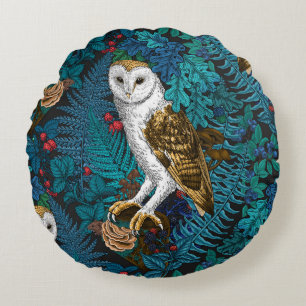 Owls, ferns, oak and berries 3 round cushion