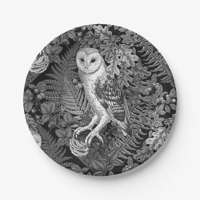 Owls, ferns, oak and berries 4 paper plate (Front)