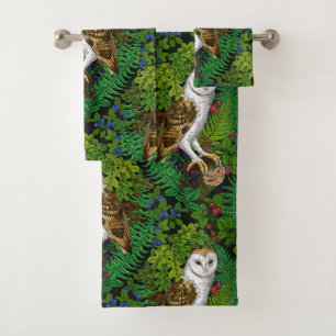 Owls, ferns, oak and berries bath towel set