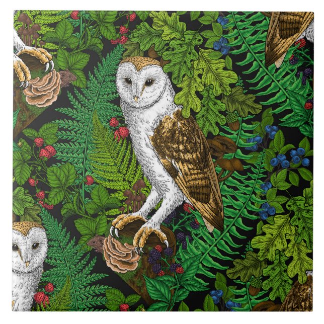Owls, ferns, oak and berries ceramic tile (Front)