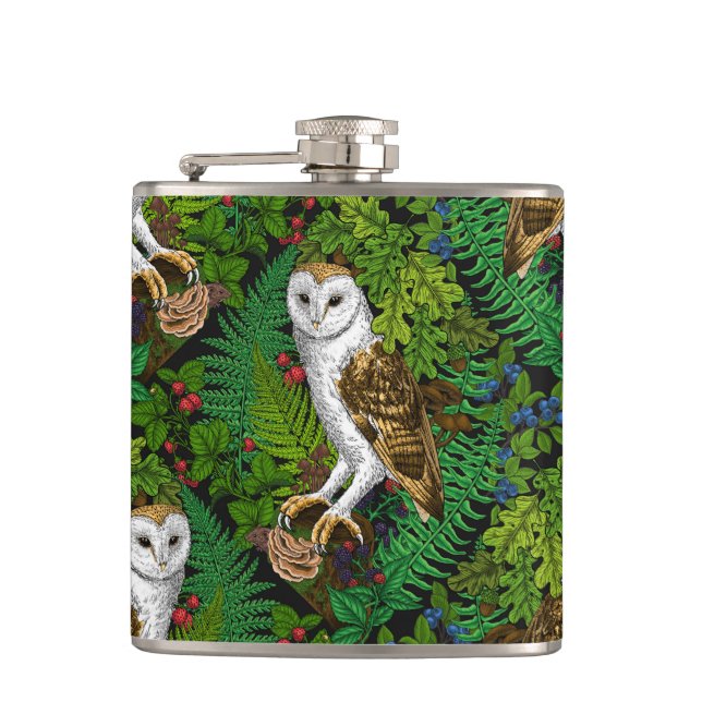 Owls, ferns, oak and berries hip flask (Front)