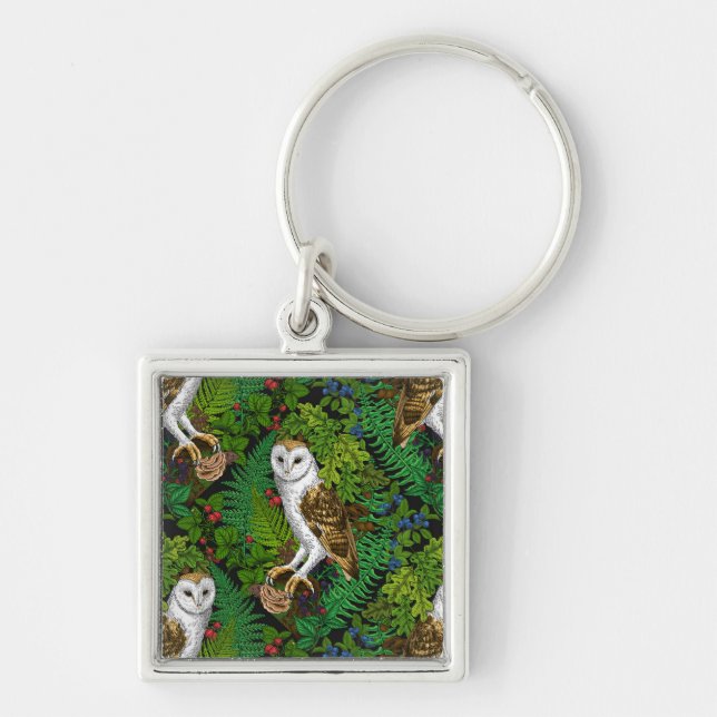 Owls, ferns, oak and berries key ring (Front)