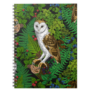 Owls, ferns, oak and berries notebook