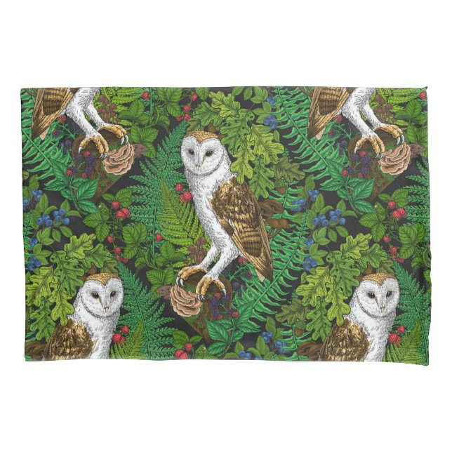 Owls, ferns, oak and berries pillowcase (Front-Left)