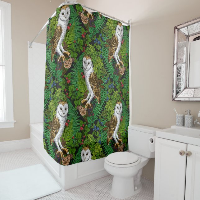 Owls, ferns, oak and berries shower curtain (In Situ)
