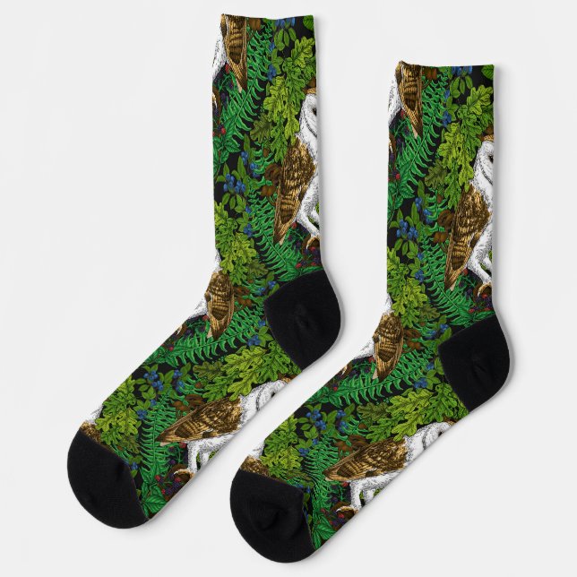 Owls, ferns, oak and berries socks (Left)