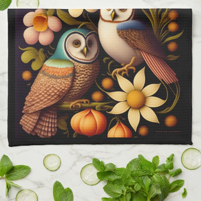 Owls & Flowers | Modern Haeckel   Tea Towel (Folded)