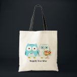 Owls Getting Married - Newlywed Bride and Groom Tote Bag<br><div class="desc">Light blue owl groom wearing a bow tie and fancy ruffled shirt holds hands with his adorable owl bride holding a colourful flower bouquet. This cute owls tote bag can be personalised with the bride and groom’s names or any special sentiment for the newlywed couple. A fun gift for the...</div>