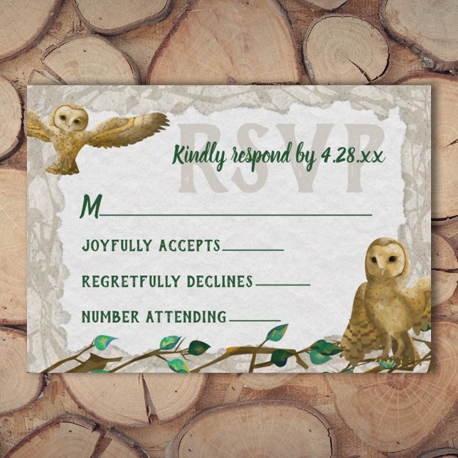 Owls, Green Leafy Rustic Bar Mitzvah RSVP Card (rustic beige green bar mitzvah rsvp card owl nature forest, green script writing, leafy green leaves)