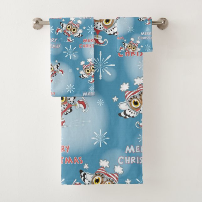 Owls Ice Skating Christmas Pattern Bath Towel Set (Insitu)