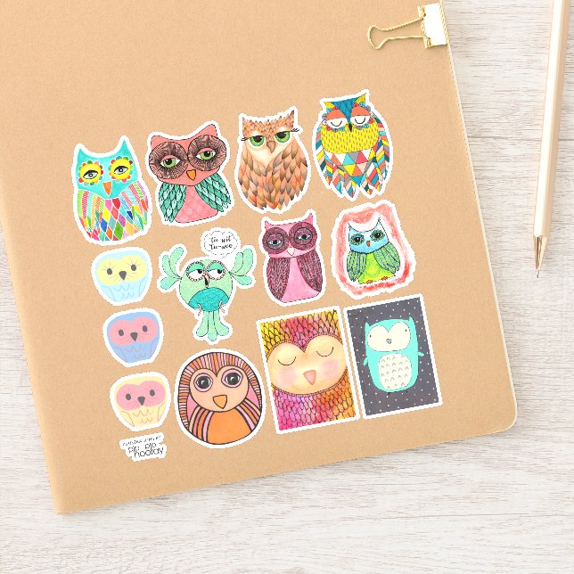 Owls Illustration Drawing Art Vinyl Sticker Set (Notebook)
