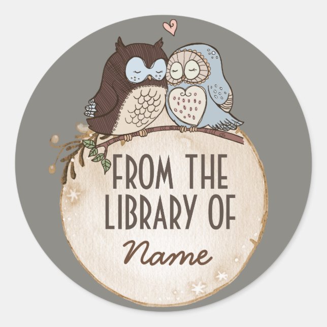 OWLS IN LOVE, ANIMAL STICKER, FROM THE LIBRARY OF CLASSIC ROUND STICKER (Front)