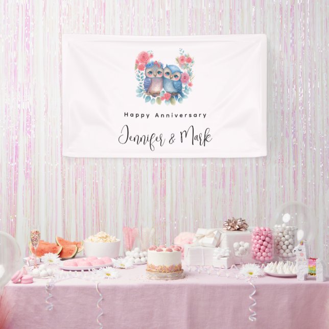 Owls in Love Sitting on a Tree Branch Anniversary Banner (Party)