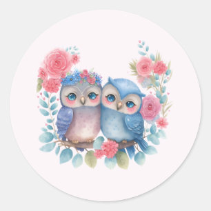 Owls in Love Sitting on a Tree Branch Classic Round Sticker