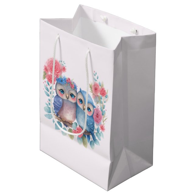 Owls in Love Sitting on a Tree Branch Medium Gift Bag (Front Angled)