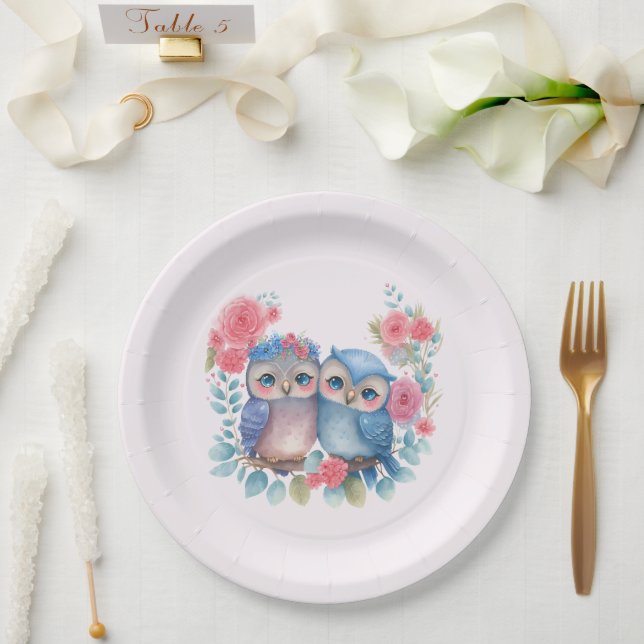 Owls in Love Sitting on a Tree Branch Paper Plate (Wedding)