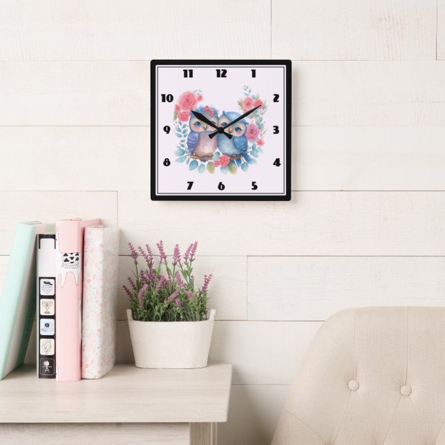 Owls in Love Sitting on a Tree Branch Square Wall Clock (Reading Room)