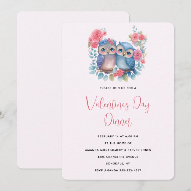 Owls in Love Sitting on a Tree Branch Valentine's Invitation (Front/Back)