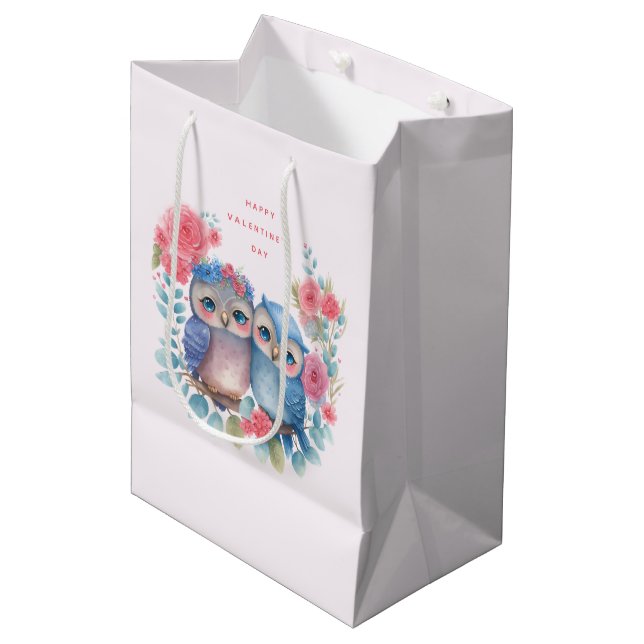 Owls in Love Sitting on a Tree Branch Valentine's Medium Gift Bag (Front Angled)