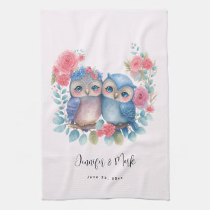 Owls in Love Sitting on a Tree Branch Wedding Tea Towel