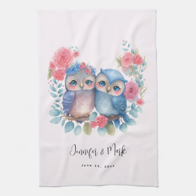 Owls in Love Sitting on a Tree Branch Wedding Tea Towel (Vertical)