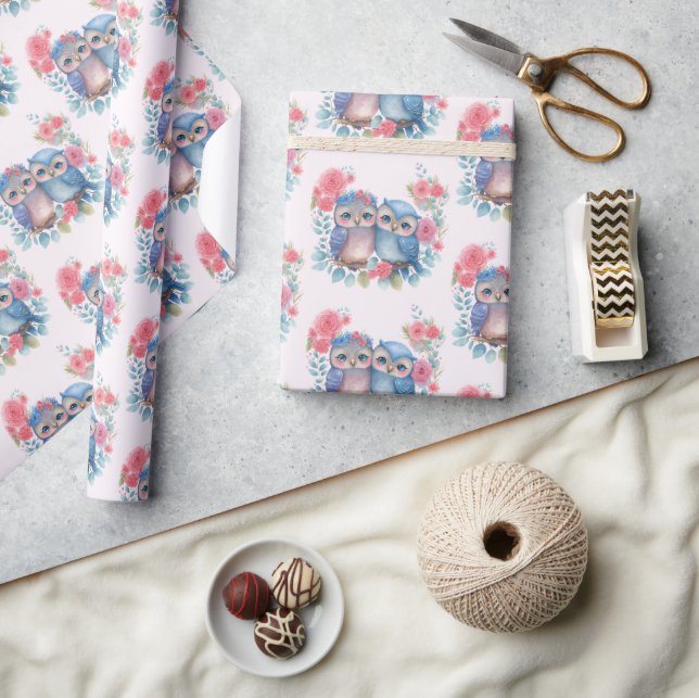 Owls in Love Sitting on a Tree Branch Wrapping Paper (Crafts)
